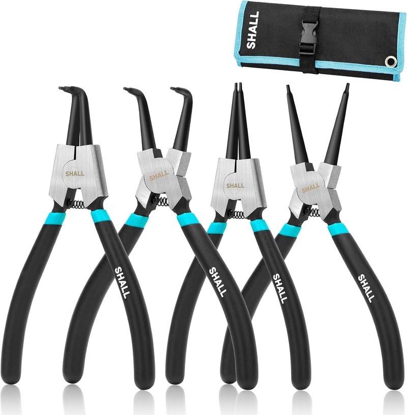 SHALL 4PCS Snap Ring Pliers Set, 7-Inch Internal External Circlip Pliers, Straight Bent C-clip Pliers Lock Ring Pliers, 5/64" Tip, Heavy Duty Reverse Pliers for Ring Remover Retaining w/Portable Pouch - Image 1